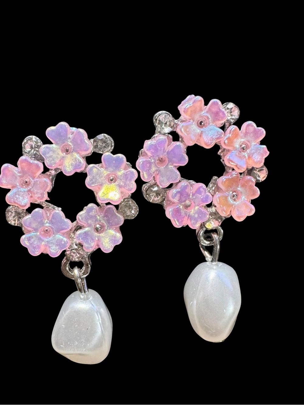 Pink Floral Dangle Earrings with Pearl Drop